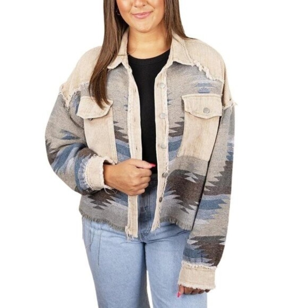 TETON HIKE Cropped Blue Aztec Shacket Trucker Jacket Size‎ XL NWT